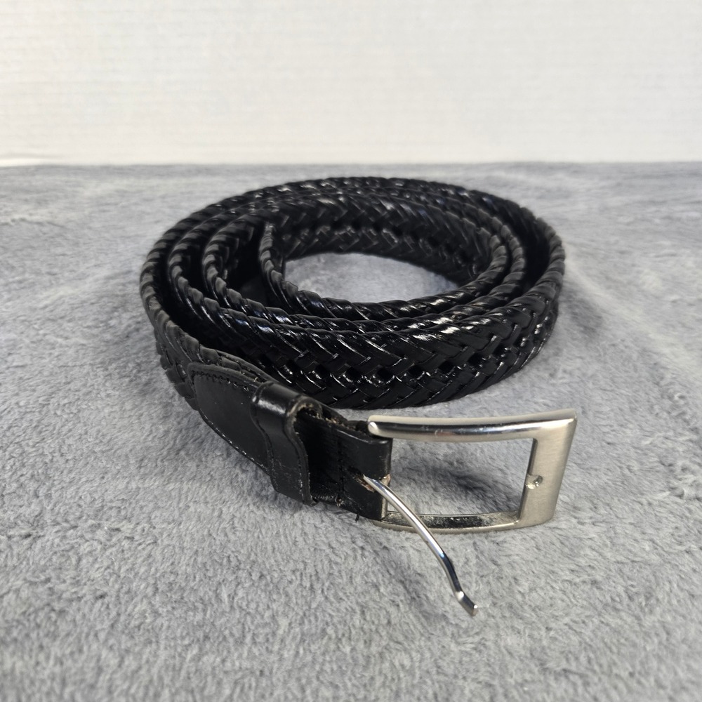 PCH Mens Braided Woven Belt Black Leather Tab Silver Buckle 48/120 17BK0402